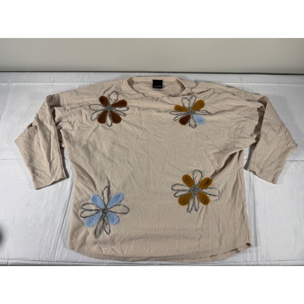 Aaeda Beige Floral Embroidered Knit Sweater Top Long Sleeve Crew Neck Womens